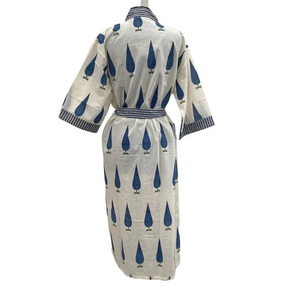 Cotton Block Printed Robe Cypress Tree Print - Picture 2 of 6